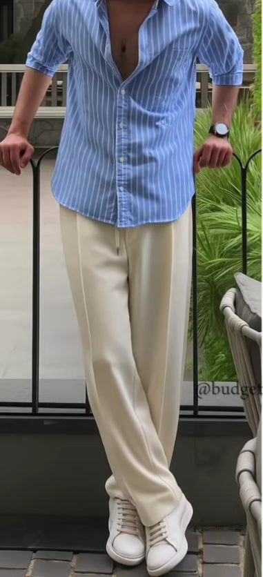 MEN COMFORTABLE CASUAL TROUSER With Line Blue Shirts Combo Set