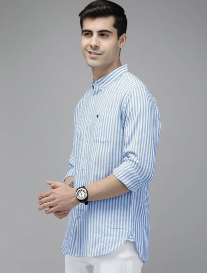 THE BEAR HOUSE Men's LinenBlend Blue Slim Fit Striped Casual Shirt
