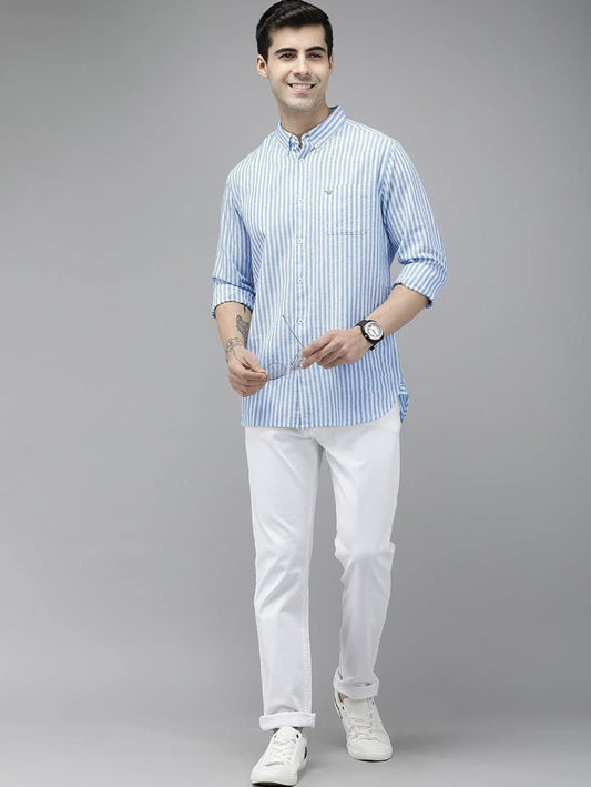 THE BEAR HOUSE Men's LinenBlend Blue Slim Fit Striped Casual Shirt & Pantcombo Set
