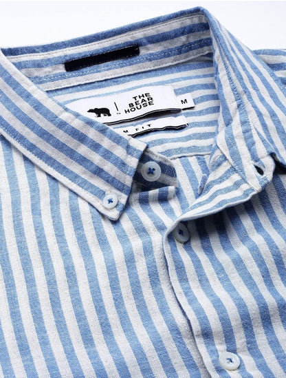 THE BEAR HOUSE Men's LinenBlend Blue Slim Fit Striped Casual Shirt