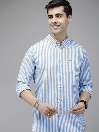 THE BEAR HOUSE Men's LinenBlend Blue Slim Fit Striped Casual Shirt