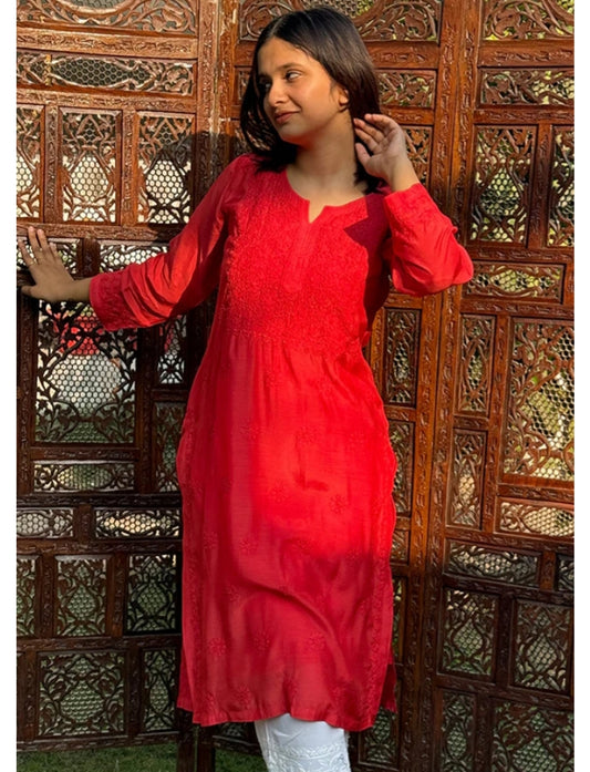 Arth World Women's Embroidered Georgette Straight Kurti