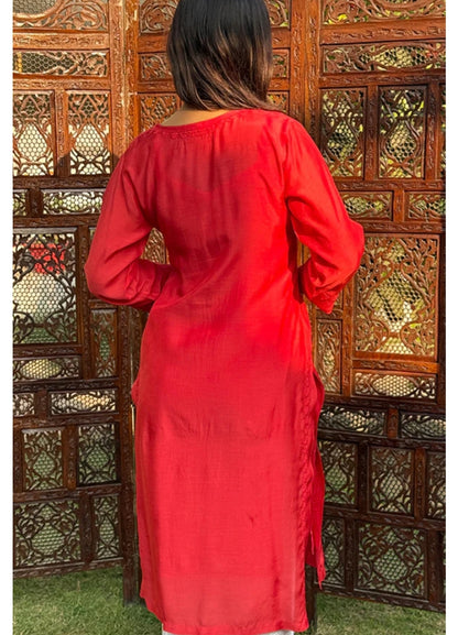 Arth World Women's Embroidered Georgette Straight Kurti