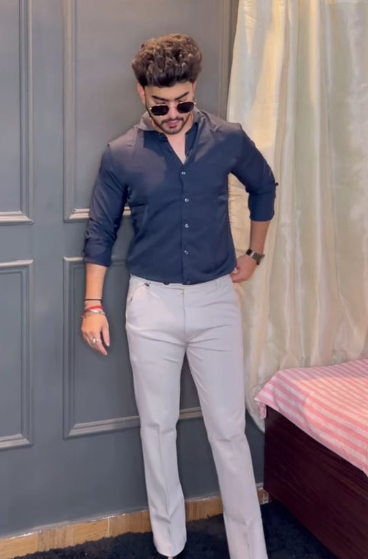 Men Regular/Stylish Fit Plain Solid Spread Collar Casual Shirt - Nevy Blue With White Pant