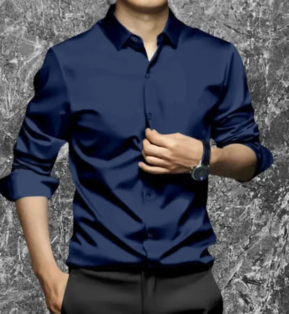 Men Regular/Stylish Fit Plain Solid Spread Collar Casual Shirt - Nevy Blue With White Pant
